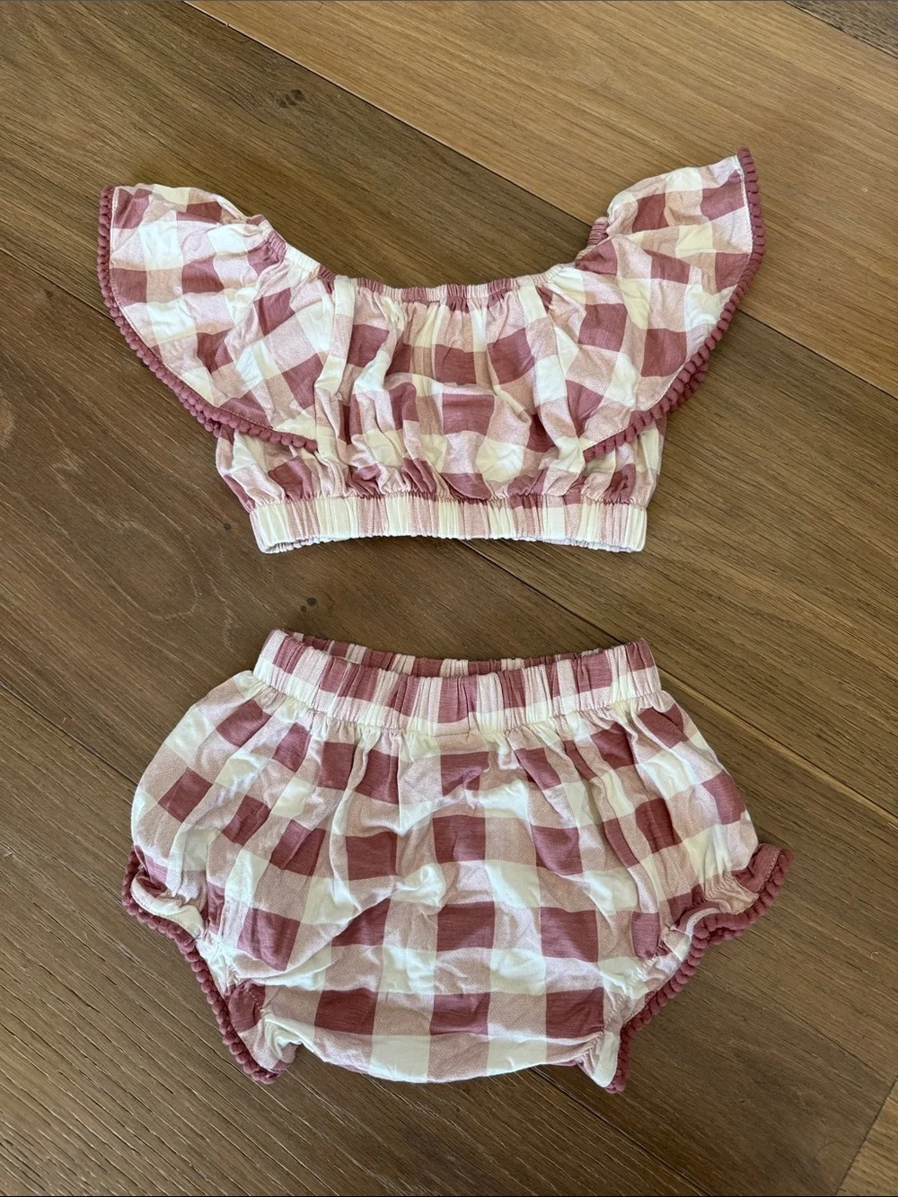 kate quinn Pink and off-white Gingham Ruffle Two-Piece Set